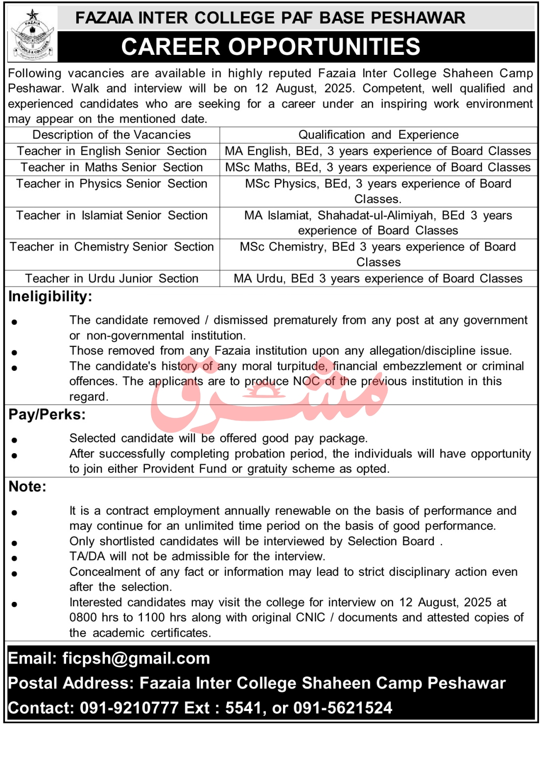Jobs in Fazaia Inter College PAF Base Peshawar